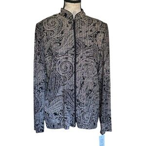 Alex Evenings Black Tan Silver Glitter Zip Jacket L NWT Sparkly Stretch Topper